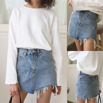 

Women Summer Skirt High Waist Pencil Washed Irregular Edges Skirts Jeans Mini Women's Skirt