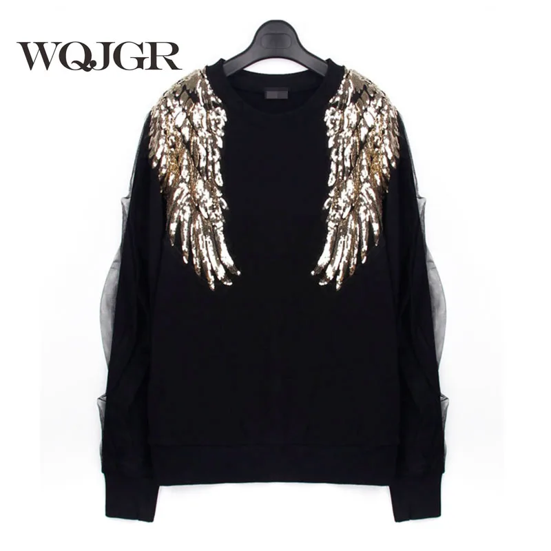 

WQJGR Angel Wings Sweatshirt Pearl Personality Split Joint Stack Long Sleeve T Pity Woman