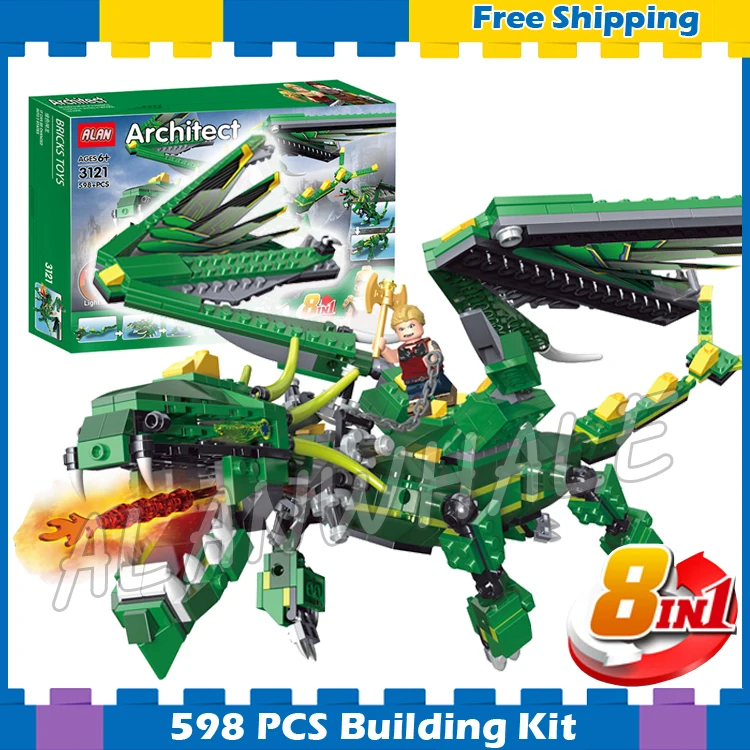 

598pcs 3in1 Creator Green Dragon incredible Mythical Creatures 3121 DIY Model Building Blocks Gifts sets Compatible with Lego