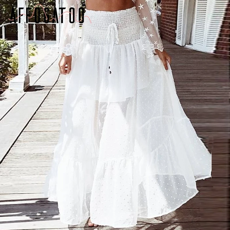 Causal dot transparente Falda larga mujer alta cintura malla trompeta maxi falda blanca 2018 playa verano Falda Mujer _ - Mobile