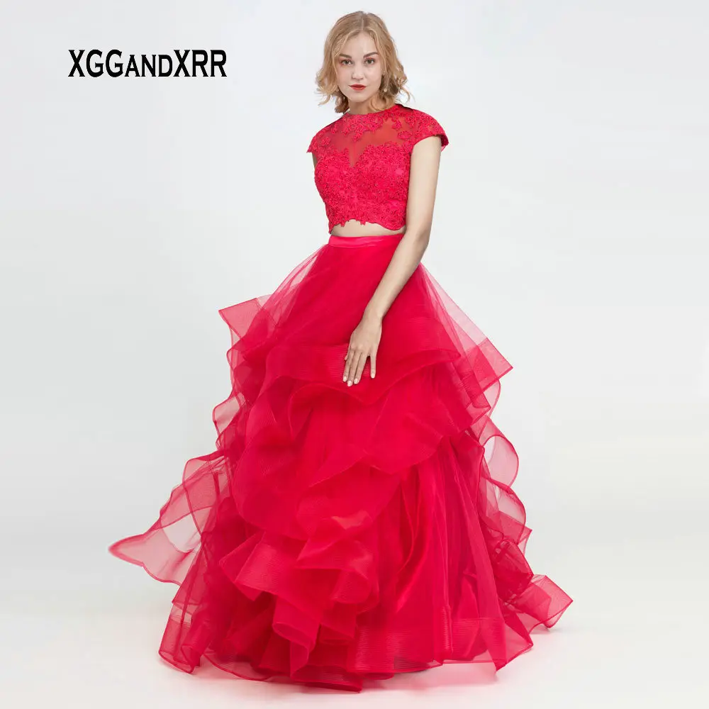 

Elegant Two Pieces Tulle Red Long Prom Dresses 2019 Applique Crystals Hollow Back Ball Gown Formal Party Gown Girl Gala Dress