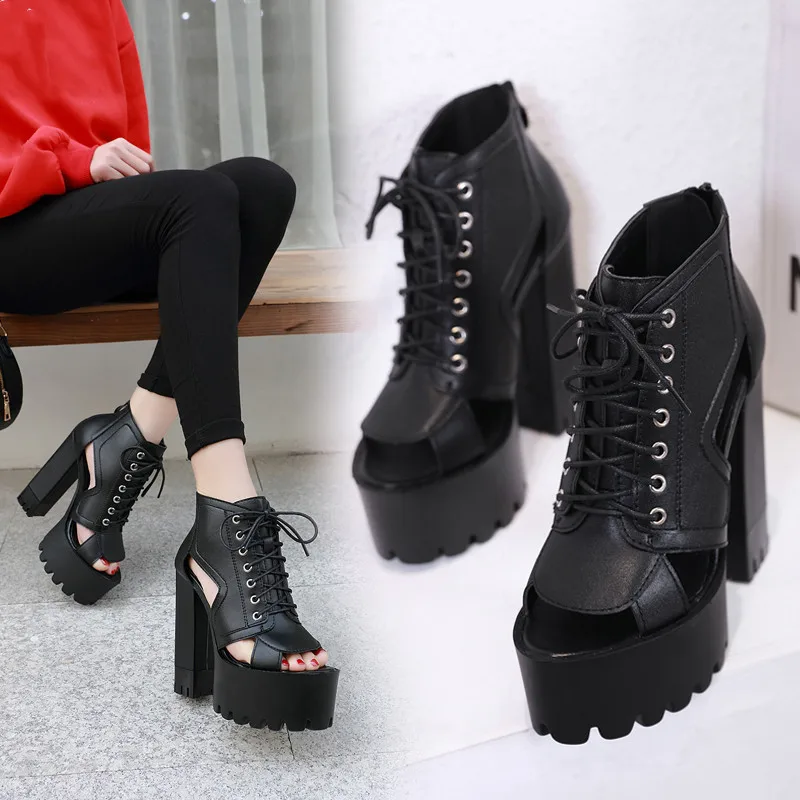 

YMECHIC Peep Toe Gladiator Pumps Women 2019 New Rome 15cm Thick Heels Cross-tied Summer Ladies Shoes Footwear Female Promotion