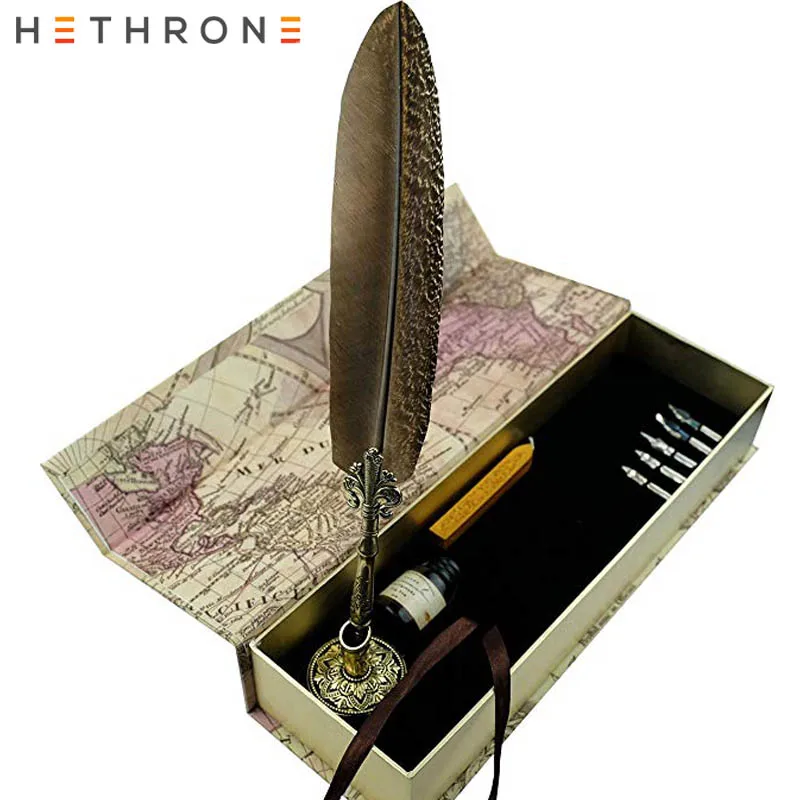 

Hethrone Feather Quill pen Set 100% Hand CraftGolden Calligraphy Pen Holder Hand Carved Dip Pen Stem Best Antique Executive Gift