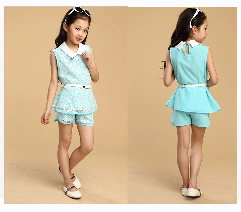 4-13Y Fashion Girls Clothes Set 2018 Summer Lace Flower Kids Outfit Girl Sleeveless Top Shorts Belt 3Pcs Suits Children Clothing (6)