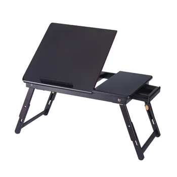 

Portable Bamboo Foldable Laptop Desk Tea Serving Table Stand Notebook Adjustable Height Tray Black Color Bed Table with Drawer
