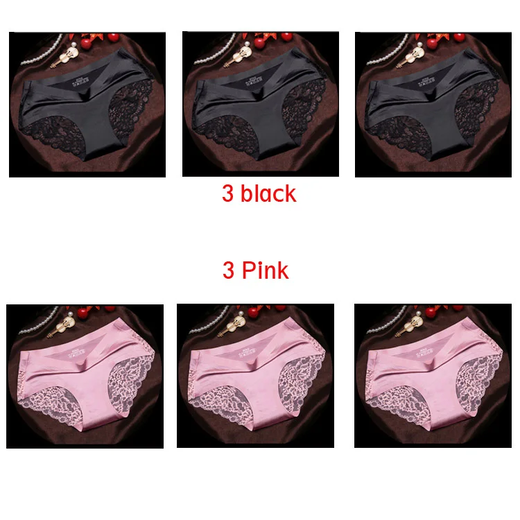 Для женщин Штаны еху трусики Для женщин кружева белье сплошной цвет бесшовные трусики со средней посадкой трусы женские хлопковые трусы - Цвет: 3 black 3 Pink