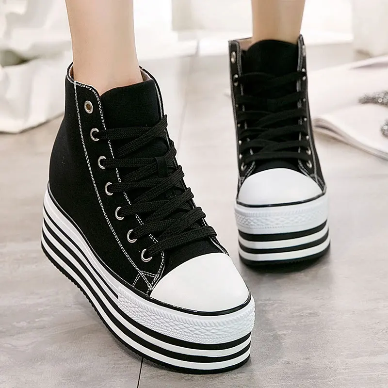 

High-top Vulcanized Wedges Canvas Shoes Woman Platform Sneakers Shoes Hidden Heel Height Increasing Casual Shoes Flats B083