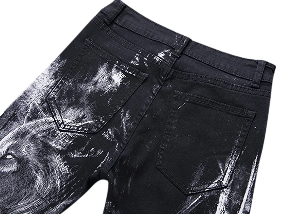 Mens Fashion Wolf Printing Black Straight Leg Denim Long Pants Jeans US Size 30-40