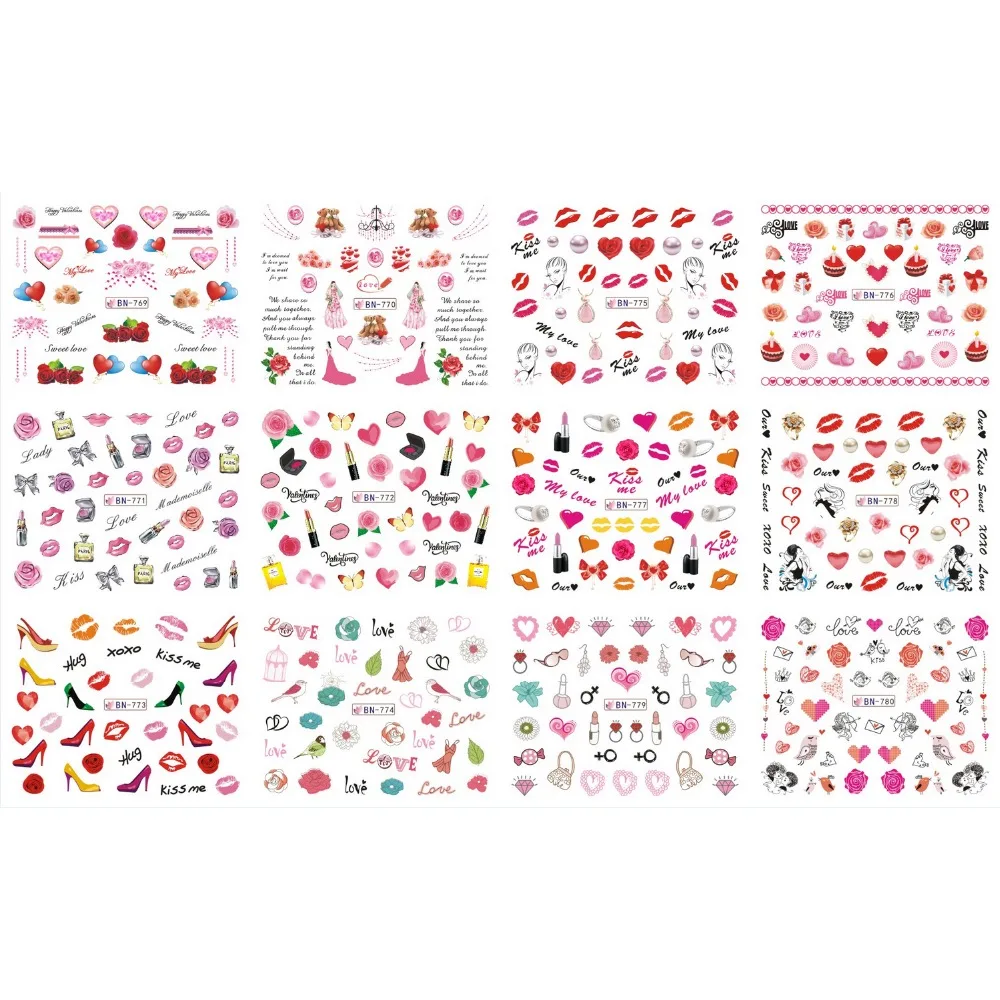 

12 PACK/ LOT WATER DECAL NAIL ART NAIL STICKER VALENTINE LIP STICK HIGH HEEL SHOES PERFUME BOTTLE ROSE BN769-780