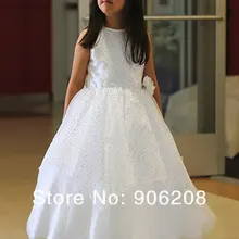 Изготовленное на заказ декольте шеи белый длинный цветок девушки платья ТРАПЕЦИЕВИДНОЕ шифоновое детское вечернее платье для свадьбы