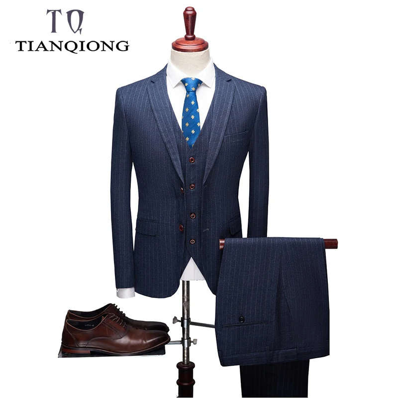 

TIAN QIONG Brand Striped Suit Gary Blue Wedding Suits for Men 3 Pieces Terno Masculino Slim Fit 3XL 4XL Costume Homme Mariage