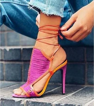 Sexy Mixed Color Lace-up Ankle Strap Sandals Woman Patchwork Peep Toe High Heels Slingback Shoes Lady Dress Shoes Plus Size 13 sestito woman fashion silk peep toe ankle strap sandals ladies mixed color high heels sandals buckle strap dress runway shoes