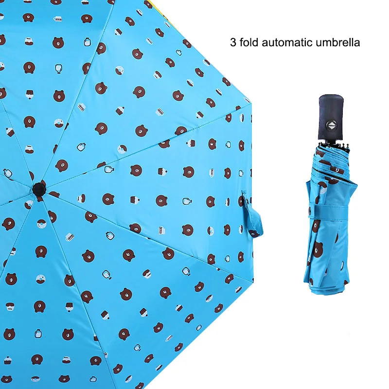 automatic umbrella 3 складной автоматический зонтик черный пластиковый медведь ветростойкий 3 складной зонтик дождь Милая волна портативный зонтик - Цвет: automatic umbrella