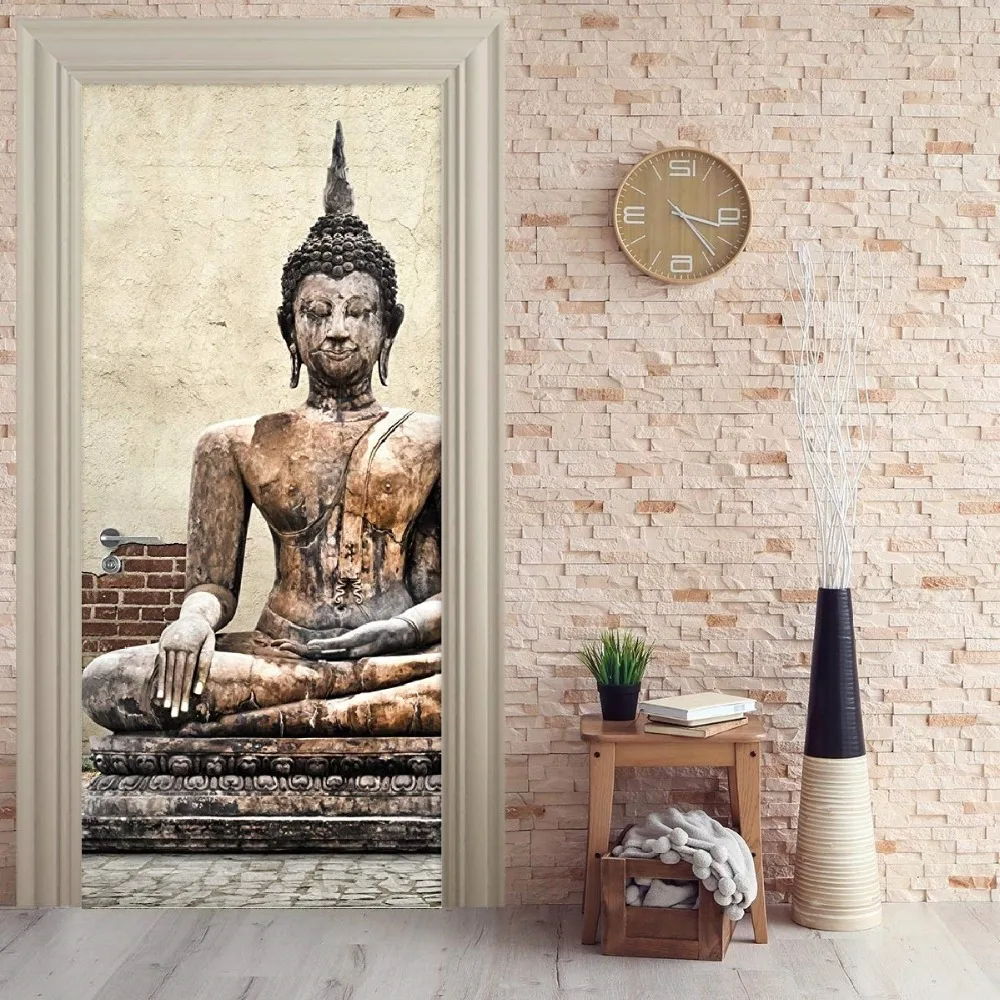 Дверная Фреска статуя Будды, дверная наклейка, обои 3d фреска, Настенная печать, наклейка на стену, фото, самоклеющаяся дверная пленка