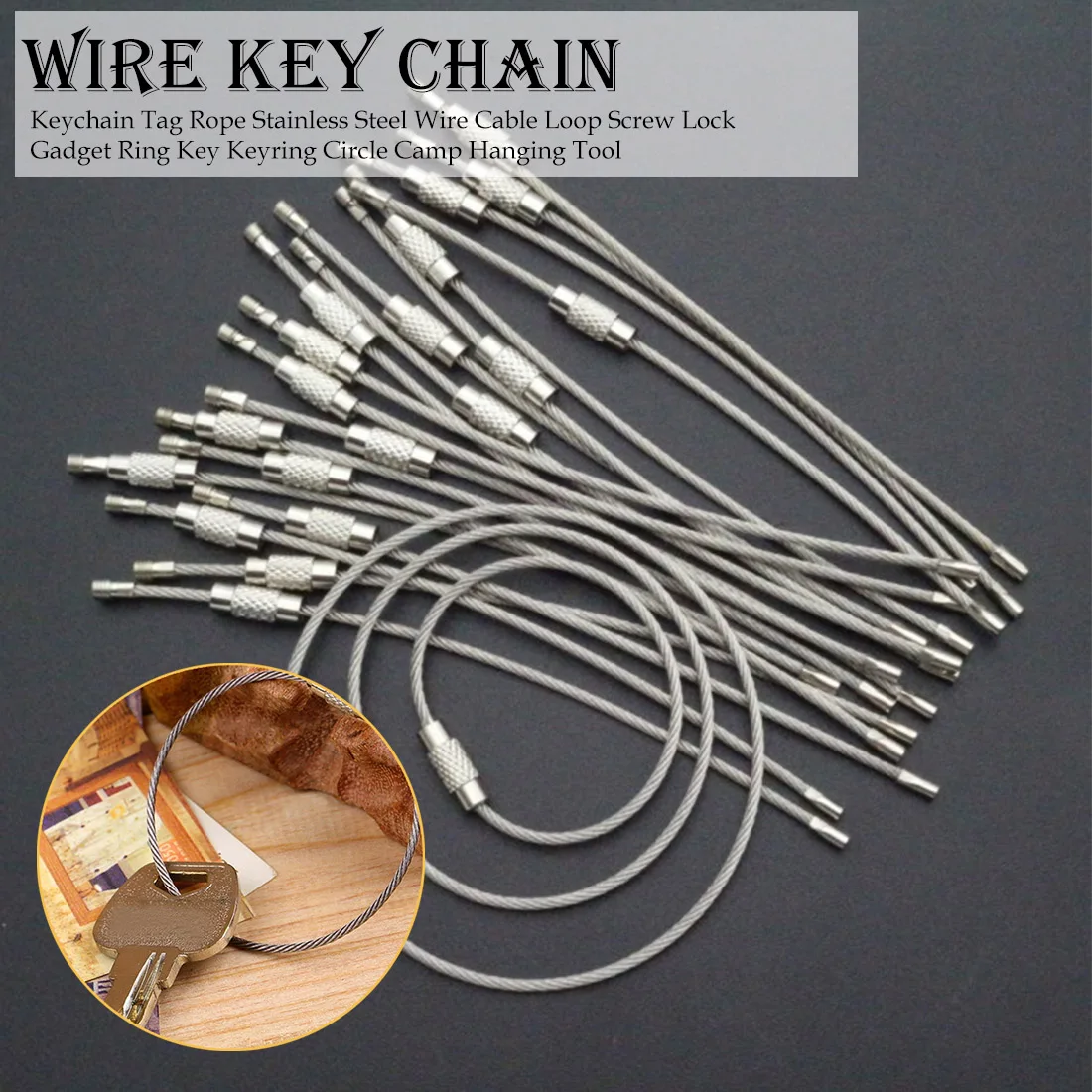 

10Pcs Keychain Tag Rope Stainless Steel Wire Cable Loop Screw Lock Gadget Ring Key Keyring Circle Camp Hanging Tool