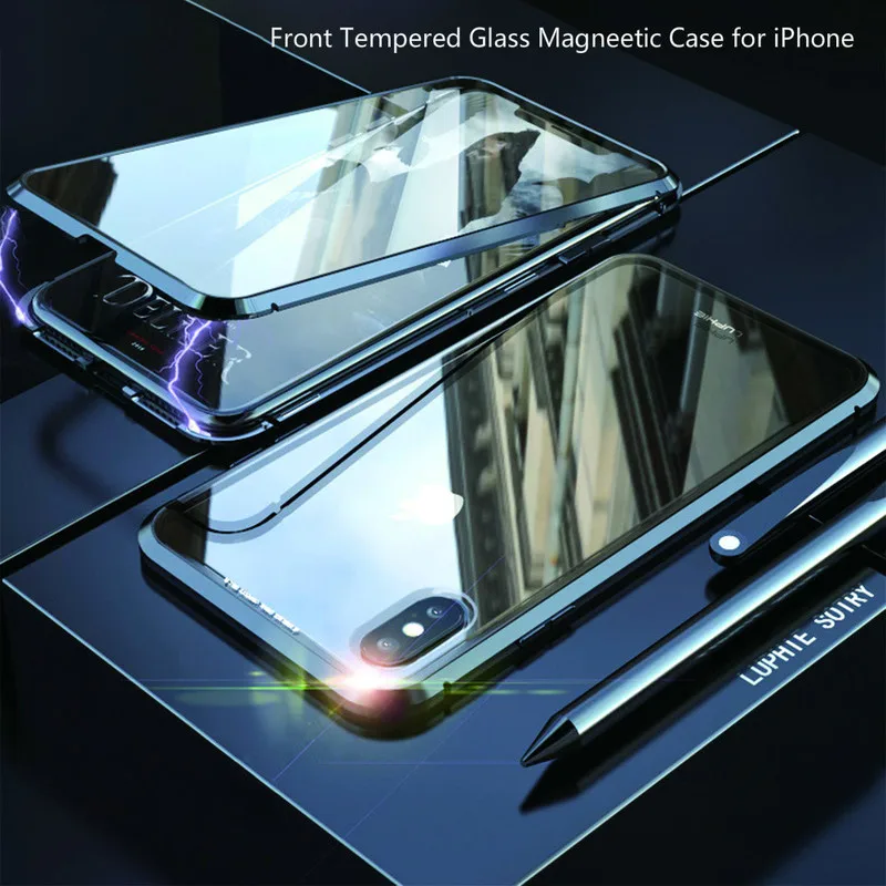 

Magnetic Adsorption Case For iPhone XS Max Xr X 8 7 Plus Front Back Tempered Glass Black Bumper Clear Full Screen Coverage Case