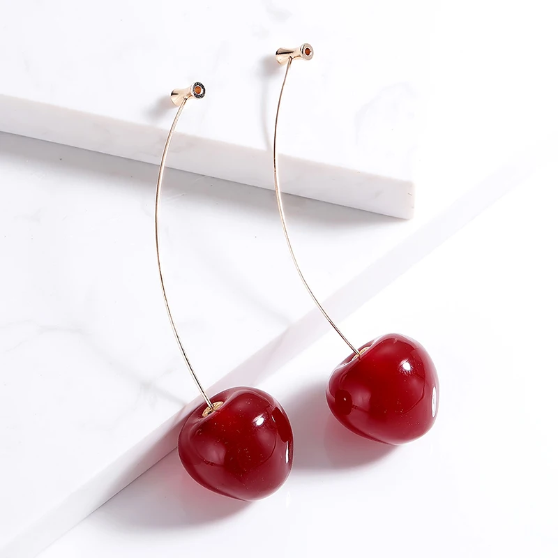Cute Fruit Cherry Earrings Acrylic Long Red Earrings For Women Removable Elegant Jewelry Wedding