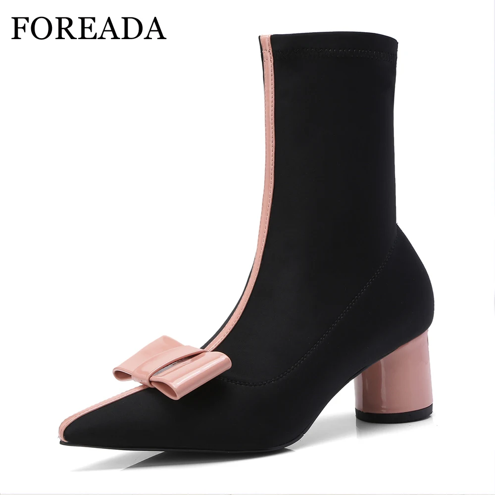 

FOREADA Sock Boots Women Ankle Boots Round Heels Butterfly Knot Boots Pointed Toe Stretch Short Boots Autumn Ladies Shoes Pink