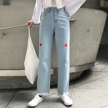 купить! 2018 осень новые женские джинсы Harajuku повседневные брюки с кисточками красное сердце вышивка широ Лучш