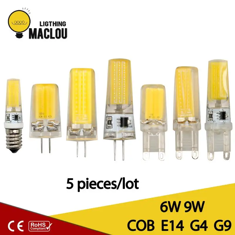 

5pcs G4 G9 AC 220V LED Lamp COB E14 LED Bulb 9W 6W COB Light Energy Saving Lamp 360 Beam Angle Chandelier Lights Replace Halogen