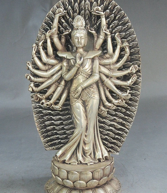 

9" China Buddhism Silver Bodhisattva 1000 Arms Avalokiteshvara of Goddess Statue