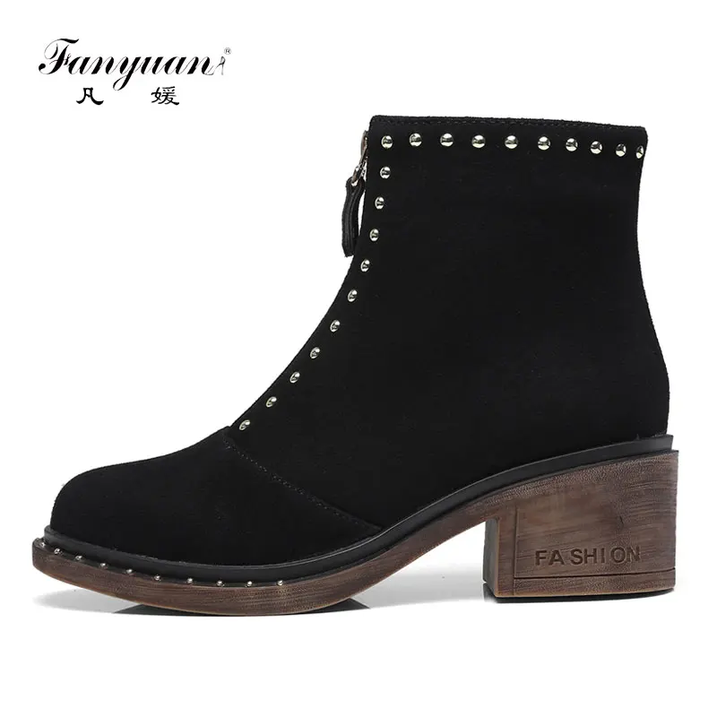 

Fanyuan Fashion Cow Suede Rivet Ankle Boots Solid Front zipper Thick heel Work Boots Winter Warm Martin boots Leisure Women Shoe