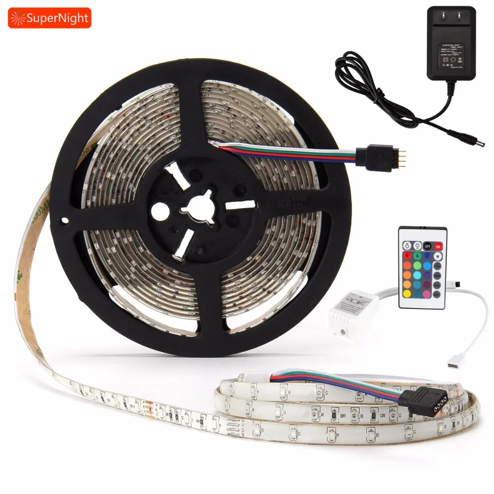 

16 Colors 4 Modes LED Strip Kit 3528 SMD 5M 60LEDs/m DC 12V Waterproof Flexible RGB LED Light Strip with IR Remote Controller