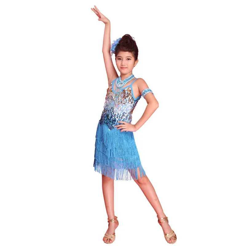Детское платье для латинских бальных танцев с блестками для девочек танцевальная одежда с бахромой Юбки латиноамериканские танцевальный сценический костюм - Цвет: Light Blue