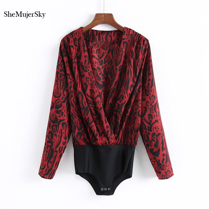 SheMujerSky Sexy Leopard Bodies Ladies Deep V-neck Bodysuits Red Long Sleeve Spliced Short Jumpsuits SheMujerSky Sexy Leopard Bodies Ladies Deep V-neck Bodysuits Red Long Sleeve Spliced Short Jumpsuits