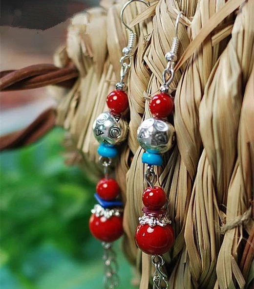 Shell Nepal, Tibetan Silver Natural Ammorite Fossil and Coral Gemstone Repousse Earrings or Charms Ocean