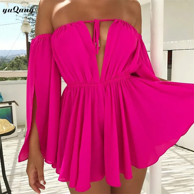 

Ladies chiffon short dress split flare sleeve off shoulder mini dresses open bust high waist Strapless dresses 2018 autumn pink