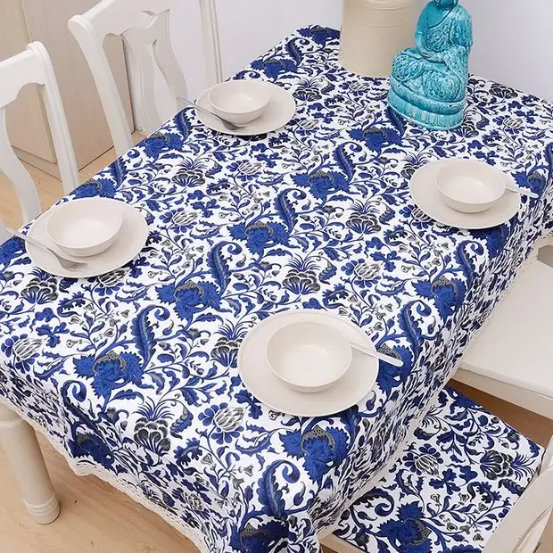 Blue and White Cotton Table Cloth Chinese Style Flower Print Nappe