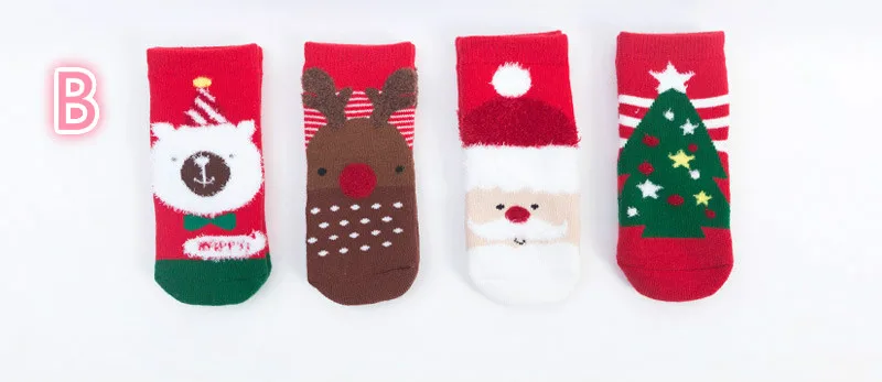 8 шт./партия, хлопковые носки для малышей, осенне-зимние махровые носки в полоску с рисунком снежинок, лося, Санта-Клауса, рождественского медведя, детские носки для мальчиков и девочек - Цвет: B