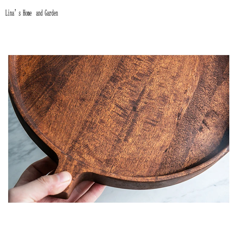 antique solid mango wood round tray with side handle (8)