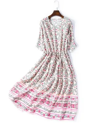 

Silk crepe de Chine dress, silk silk mid-length large sleeve dress, new positioning flower in 2019