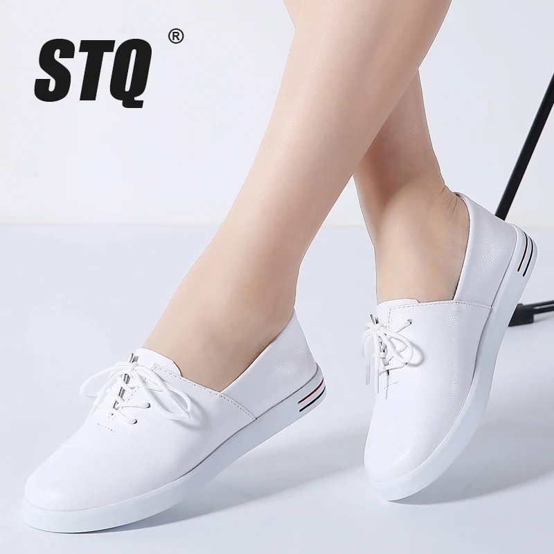 

STQ 2019 Autumn women flats shoes women lace up white flat loafers shoes ladies ballet flats female oxfords shoes boat shoes 695