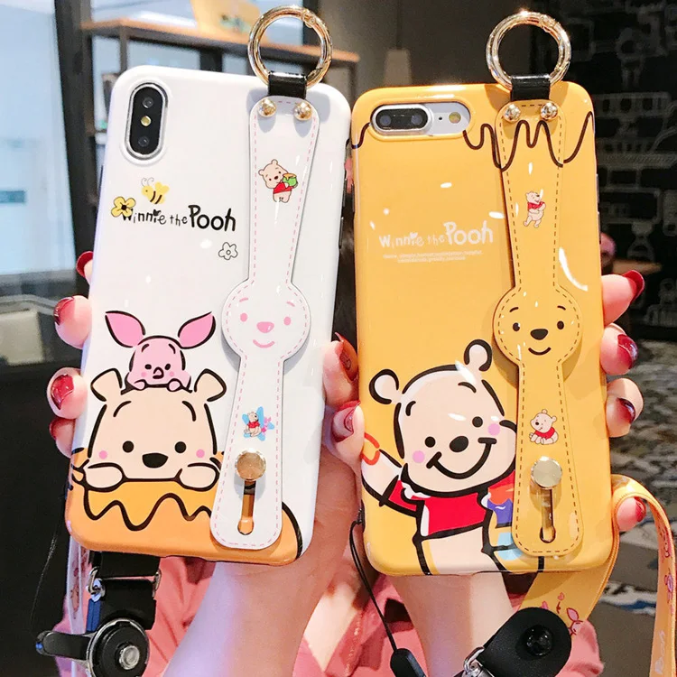 

For iphone XR XS max X winnie piglet Wrist strap soft Phone Case For iPhone 8plus 7 7plus 6 6S 6p Shell case stand holder +strap