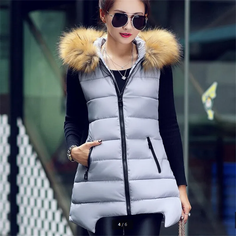 

Winter Women Vest 2018 Down Cotton Big Fur Removable Collar Sleeveless Jacket Vest Women Hooded Fashion Warm Vest Coat