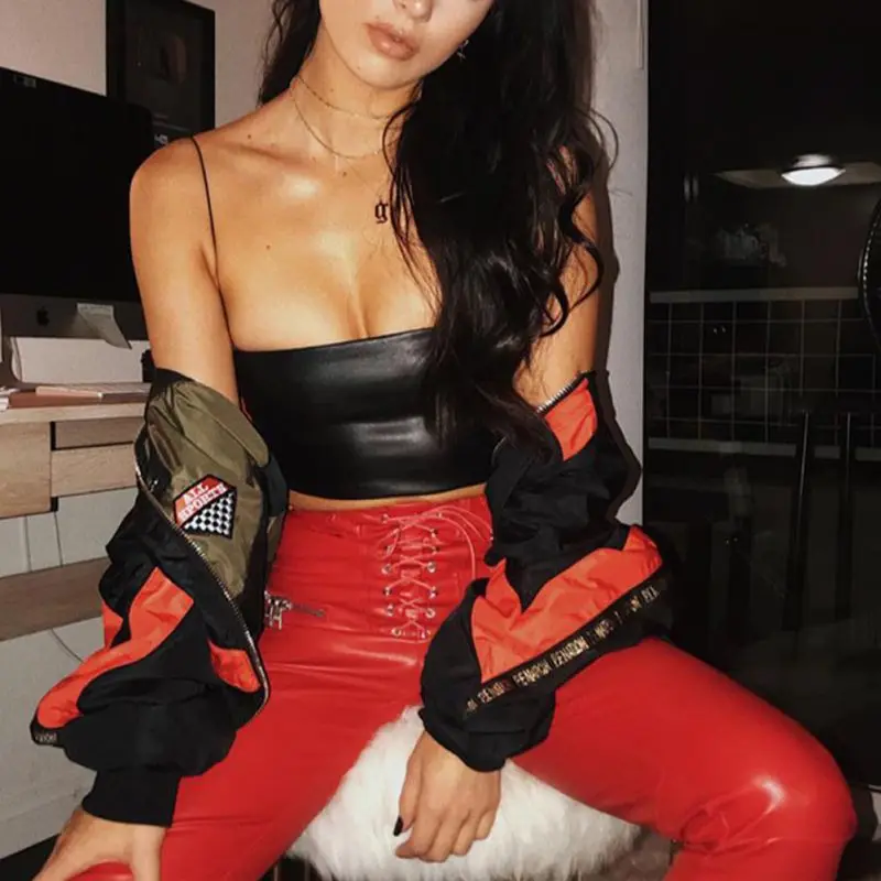 

Women Sexy Club Sleeveless PU Leather Tube Tops Streetwear Solid Spaghetti Strap Camisole Fashion Lady Crop Tops