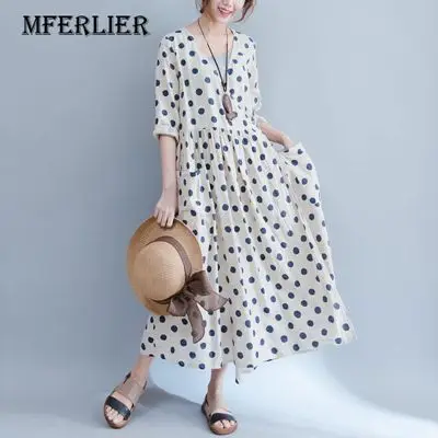 Loose-Casual-Women-Summer-Dress-Plus-Size-Blue-Dot-Printed-A-Line-V-Neck-Three-Quarter