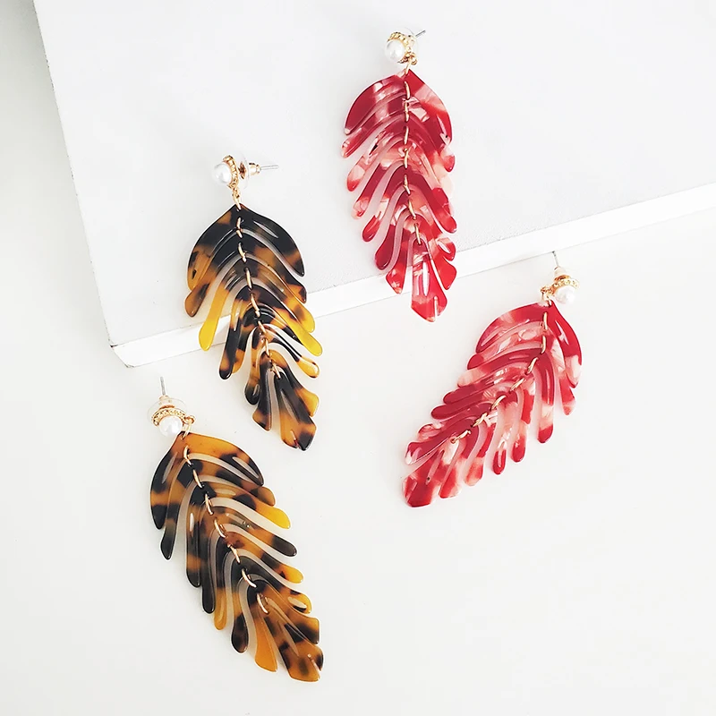 

AOTEMAN ZA 2019 New Acrylic Leaf Dangle Earrings For Women Fashion Boho Vintage Pearl Statement Long Earrings Party Jewelry Gift