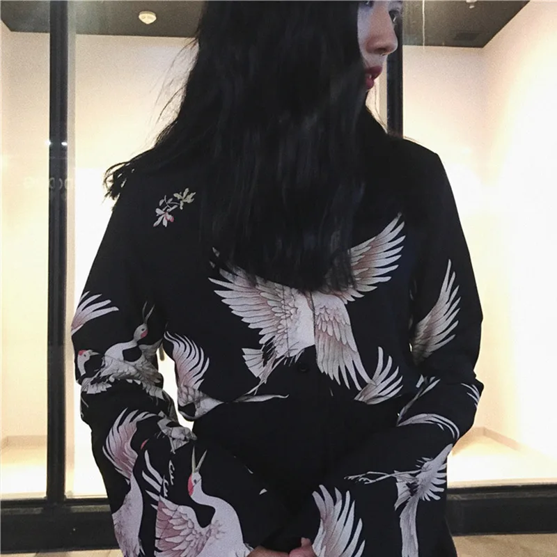  Turn Down Collar Printed Bird Chinese Style Women Shirt 2019 Spring Summer Long Sleeve Female Blous