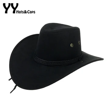 

Western American Mens Cowboy Hats Wide Brim Travel Sun Hat Cowboy Cowgirl Faux Suede Triple Strings Chapeau Homme Cowboy YY18015