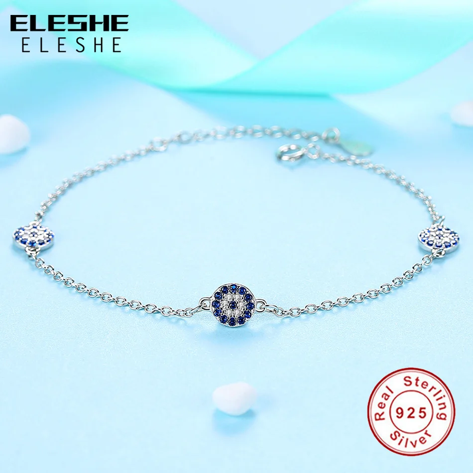 ELESHE Подлинная 925 пробы серебряный браслет Pave CZ циркония синий турецкий глаз браслеты для женщин Свадебные ювелирные изделия подарок