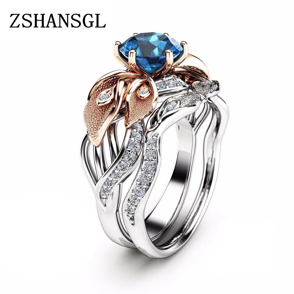 Модное обручальное женское кольцо с синим кубическим цирконием для женщин, женский набор двойных колец, бижутерия для девушек, для влюбленных, свадебные ювелирные изделия, вечерние