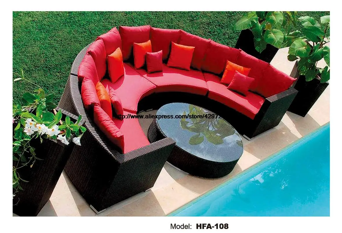 Половина Круглый Плетеный диван набор садовый диван с Кофе стол здоровья пе ротанговая мебель патио комплект уличной мягкой мебели HFA108