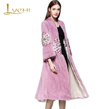 LVCHI Brand 2017 Genuine Fur Women’s Jacket Diamonds Patch Real Fur Coats For Women Full Pelt Long Fur Leather V-Neck Mink Coat