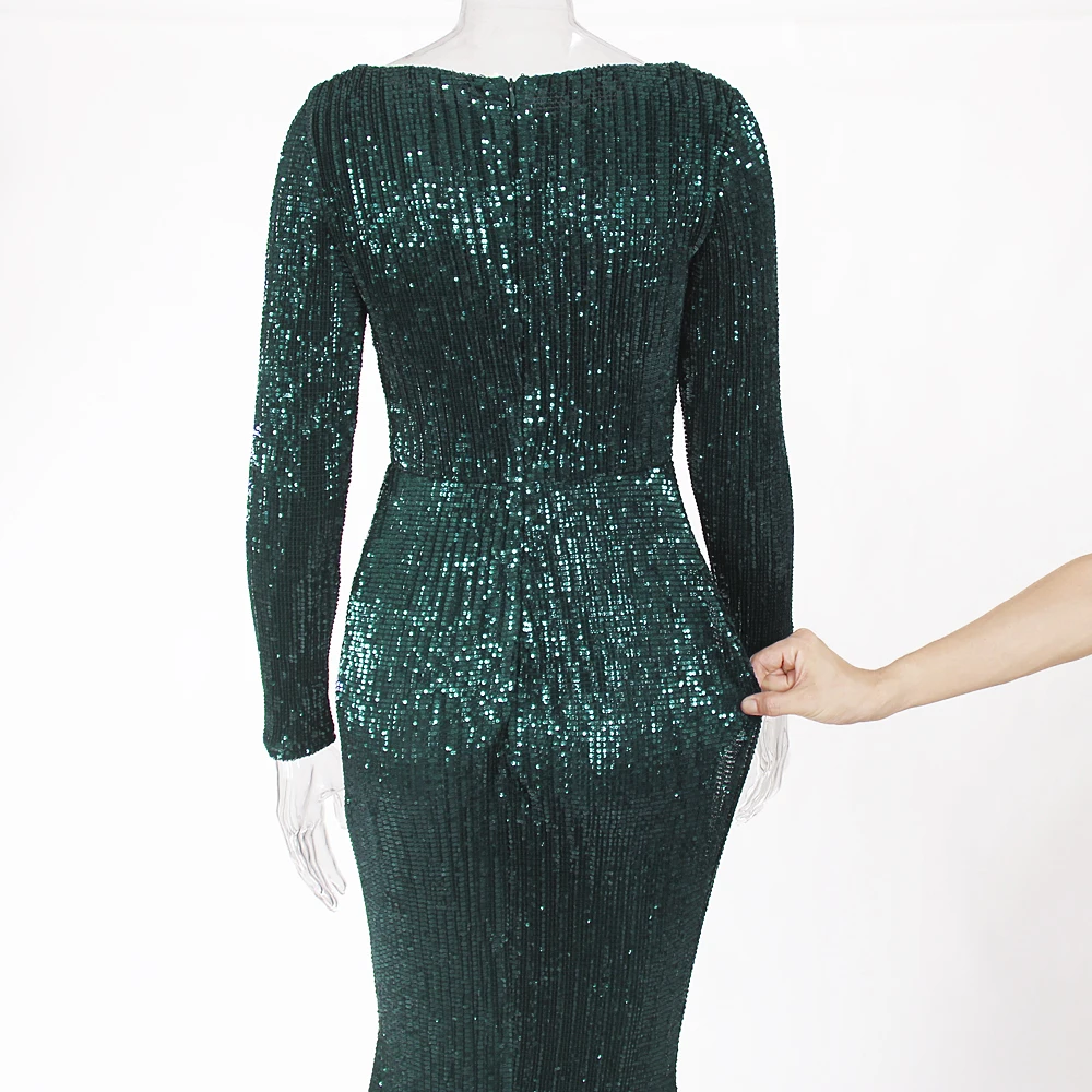Зеленое Длинное Платье с круглым вырезом и длинными рукавами; эластичные вечерние платья с блестками; Длина до пола