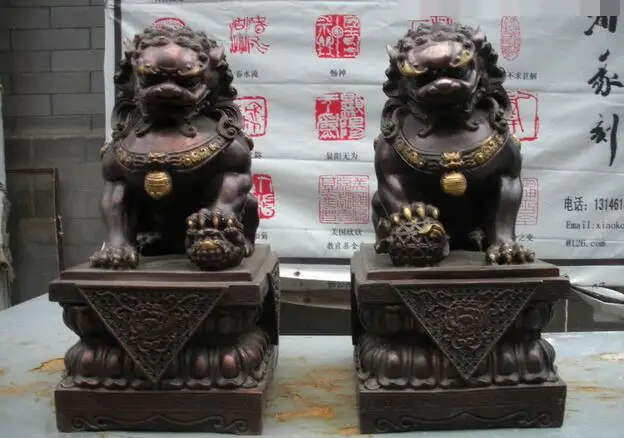 

17" China Royal Pure Red Bronze Palace Evil Door Fu Foo Dog Lion Statue Pair