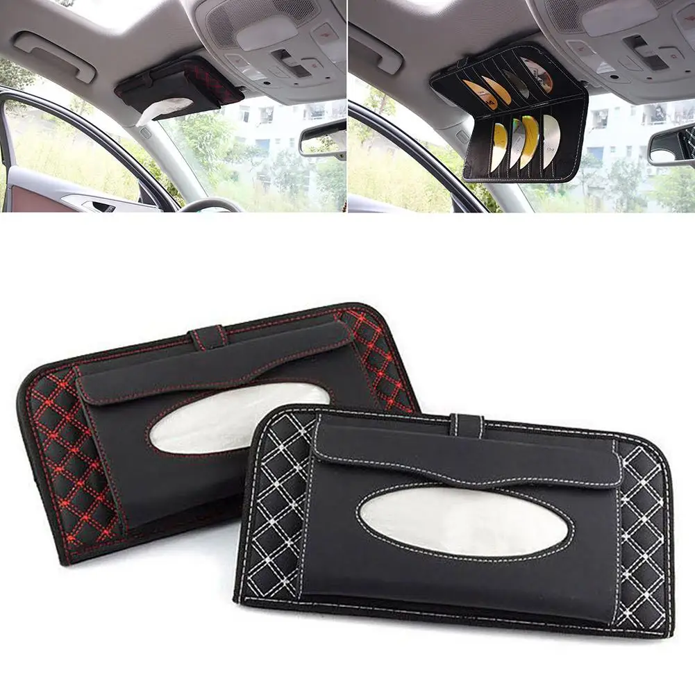 2 in 1 Faux Leather Car Sun Visor CD Holder Clip Organizer Tissue Box